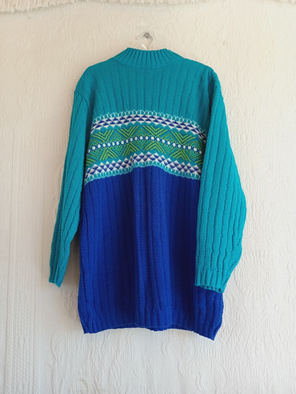 80s Teal & Royal Blue Nordic Knit Sweater Retro Cable Knit Colorblock Ski Winter - Picture 9 of 9